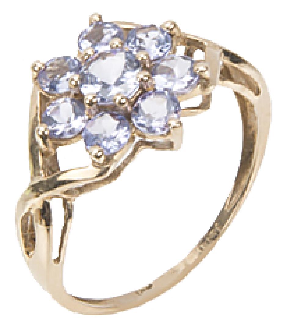 10K YELLOW GOLD TANZANITE CLUSTER RING: 10K YELLOW GOLD TANZANITE CLUSTER RING Ladies 10k yellow gold synthetic tanzanite cluster ring. (8) round cut 1.00CTW. Weight: 1.0 g Size: 6
