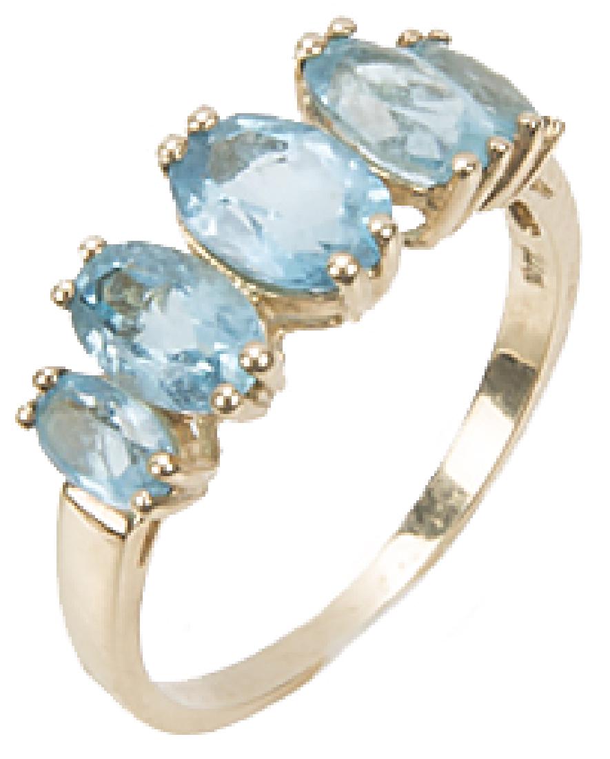 LADIES 10K YELLOW GOLD BLUE TOPAZ RING: LADIES 10K YELLOW GOLD BLUE TOPAZ RING Ladies 10k yellow gold band ring with (5) oval blue topaz. Weight: 2.2 g Size: 7