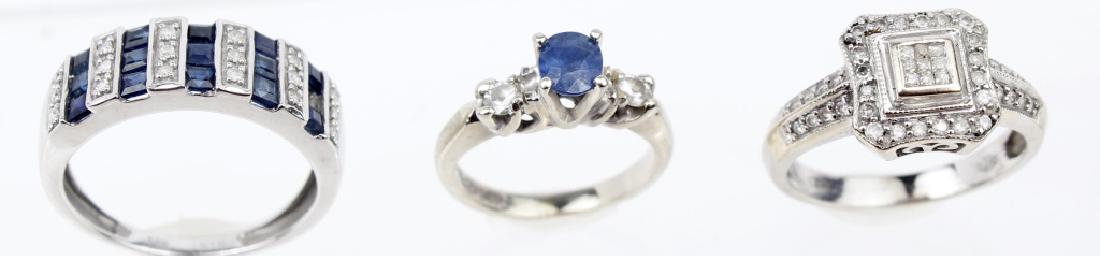 14K WHITE GOLD ASSORTED RINGS - LOT OF 3: 14K WHITE GOLD ASSORTED RINGS - LOT OF 3 Lot of three assorted 14k white gold rings. (1( sapphire and diamond, (1) sapphire and diamond band, (1) cluster diamond ring. Weight: 8.8 g