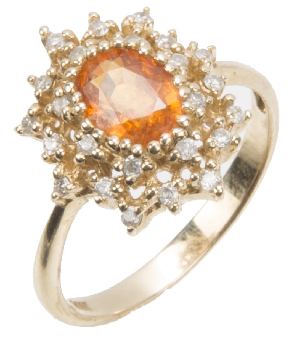 14K YELLOW GOLD CITRINE DIAMOND FASHION RING: 14K YELLOW GOLD CITRINE DIAMOND FASHION RING 14K yellow gold and citrine ring with diamond accents. 7mm x 5mm center stone surrounded by (24) 0.01 accent diamonds. Weight: 3.0 G Size: 6