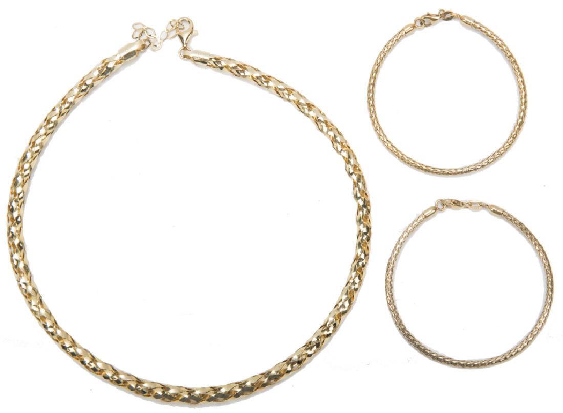 GOLD OVER STERLING SILVER BRACELETS - LOT OF 3: GOLD OVER STERLING SILVER BRACELETS - LOT OF 3 Lot of two sterling silver gold colored rope fashion bracelets and one necklace. Weight: 17.9 grams Size: 7"