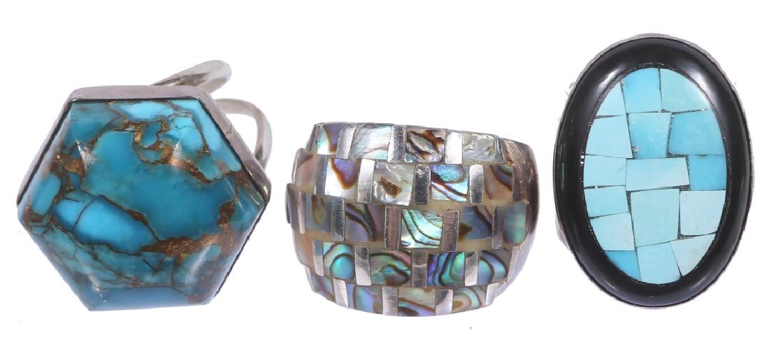 STERLING TURQUOISE & ABALONE RINGS - LOT OF 3: STERLING TURQUOISE & ABALONE RINGS - LOT OF 3 Sterling silver turquoise and abalone rings - lot of 3. Weight: 36.2 Grams