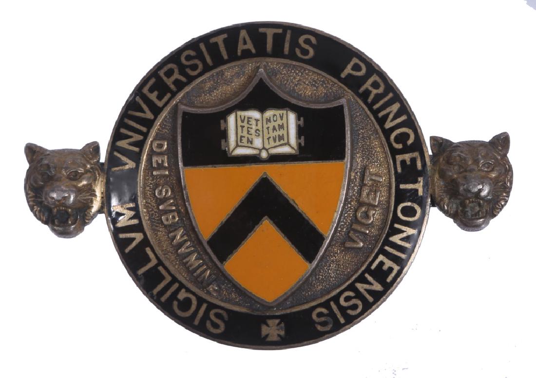 STERLING SILVER PRINCETON UNIVERSITY TIGERS PIN: STERLING SILVER PRINCETON UNIVERSITY TIGERS PIN Princeton University sterling silver black and orange enamel pin, reads "Sigillvm Vniversitatis Princetoniensis". Weight: 28.8 grams Size: 2.5 x 1.75"
