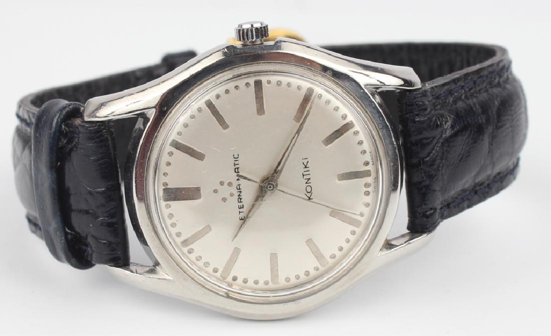 MEN'S STEEL ETERNA-MATIC KONTIKI WRISTWATCH: MEN'S STEEL ETERNA-MATIC KONTIKI WRISTWATCH Men's Eterna-Matic KonTiki mid-century wrist watch with stainless steel case and leather band.