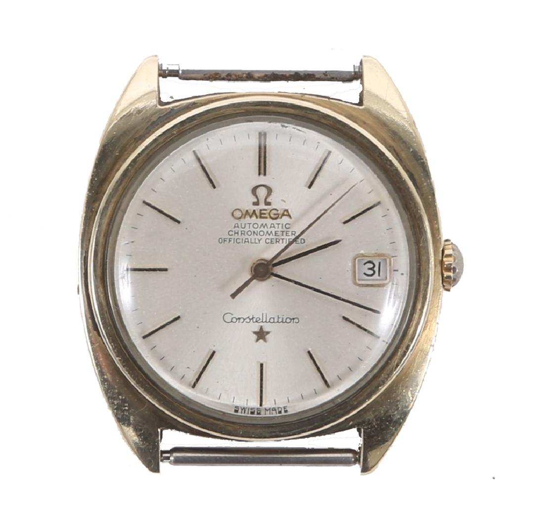 MEN`S OMEGA CONSTELLATION GOLD & STEEL WATCH: MEN`S OMEGA CONSTELLATION GOLD & STEEL WATCH Men's two tone yellow gold capped Swiss Omega Constellation Calendar wristwatch with steel casing. Automatic movement, chronometer officially certified. We
