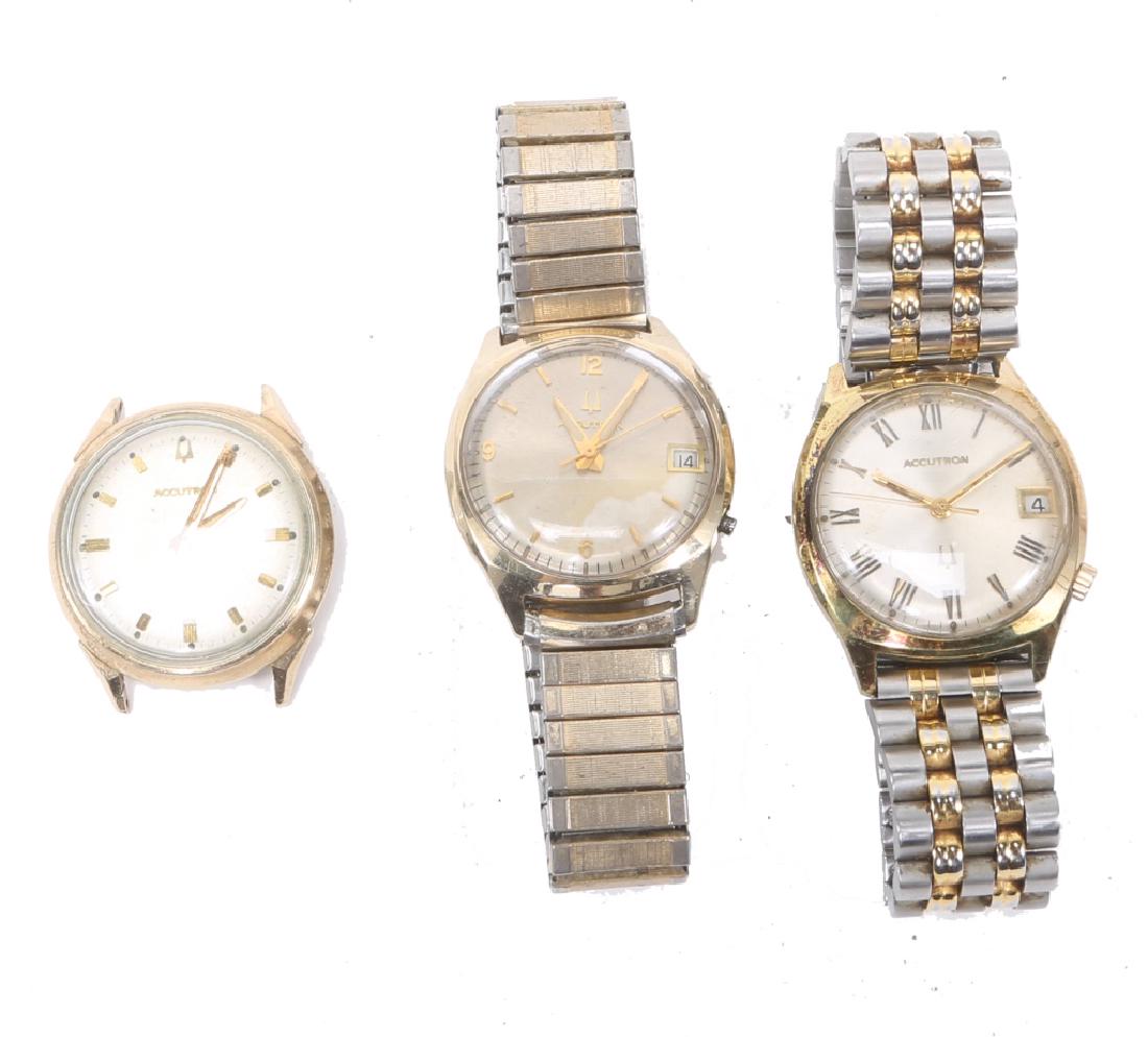 (3) MEN`S BULOVA ACCUTRON GOLD FILLED WATCHES: (3) MEN`S BULOVA ACCUTRON GOLD FILLED WATCHES Lot of three men's gold plated and gold filled Bulova Accutron wristwatches. To include: one 1969 Roman numeral calendar gold filled on two tone bracelet,