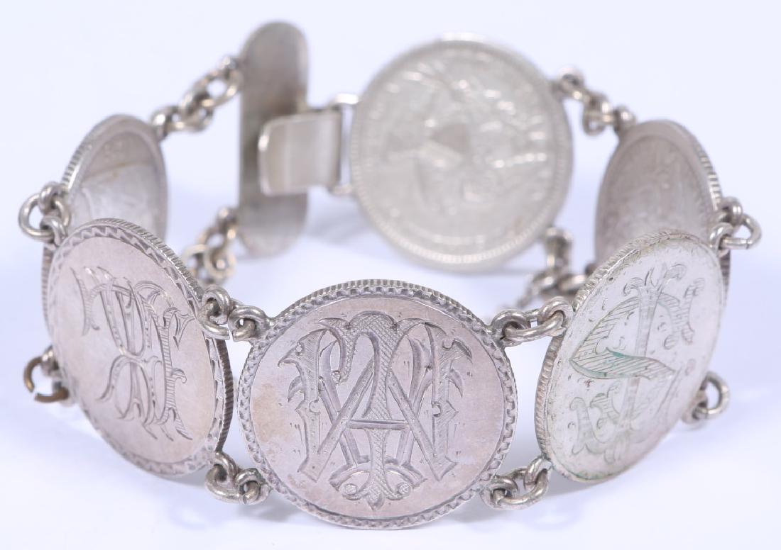 1881 U.S. SEATED QUARTER LOVE TOKEN BRACELET: 1881 U.S. SEATED QUARTER LOVE TOKEN BRACELET 1881 United States etched .900 silver 6 Seated Liberty Quarter love token bracelet. Weight: 40.0 grams