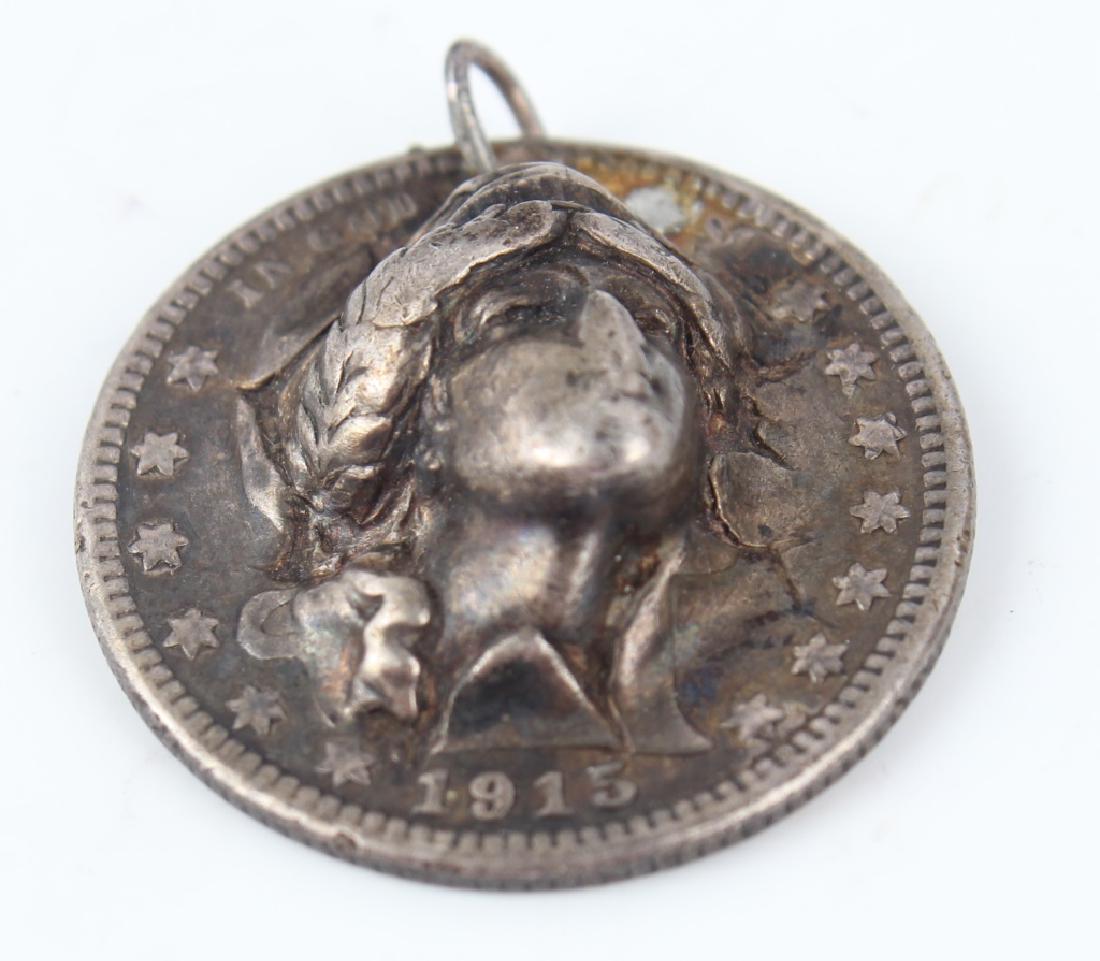 1915 US QUARTER DOLLAR PENDANT WITH HIGH RELIEF: 1915 US QUARTER DOLLAR PENDANT WITH HIGH RELIEF 1915 US barber quarter dollar pendant with high relief repousse. Weight: 6g