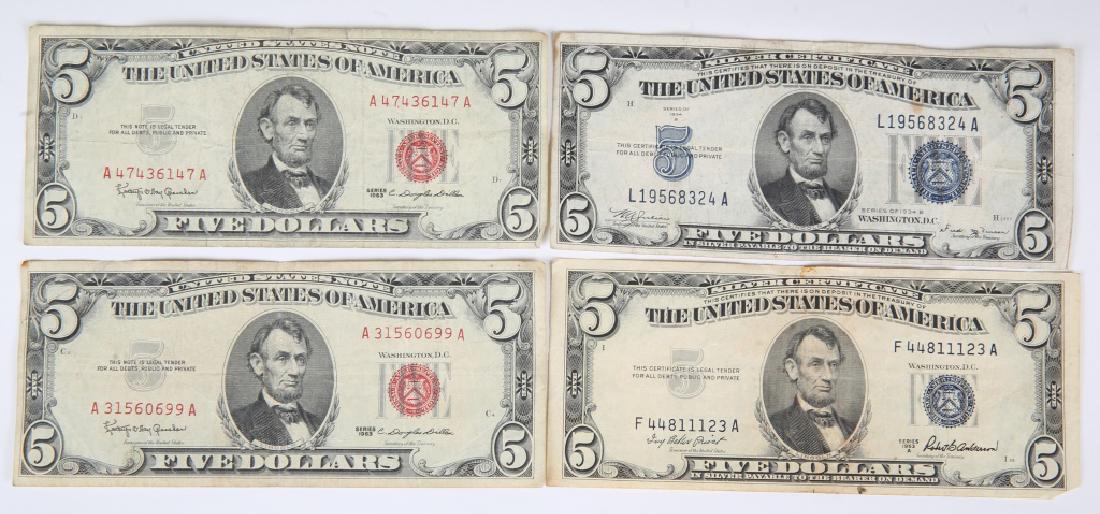 $5.00 LINCOLN RED & BLUE SEAL NOTES LOT OF 4: $5.00 LINCOLN RED & BLUE SEAL NOTES LOT OF 4 Two blue seal five dollar silver certificates and two red seal notes, 1934, 1953, and 1963.