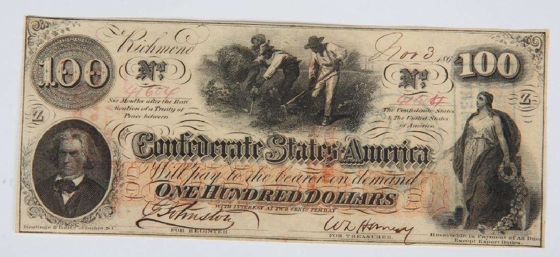 100.00 CONFEDERATE STATES AMERICA RICHMOND NOTE: 100.00 CONFEDERATE STATES AMERICA RICHMOND NOTE 1862 Confederate States of America Richmond one hundred dollar bill. Keatinge Columbia