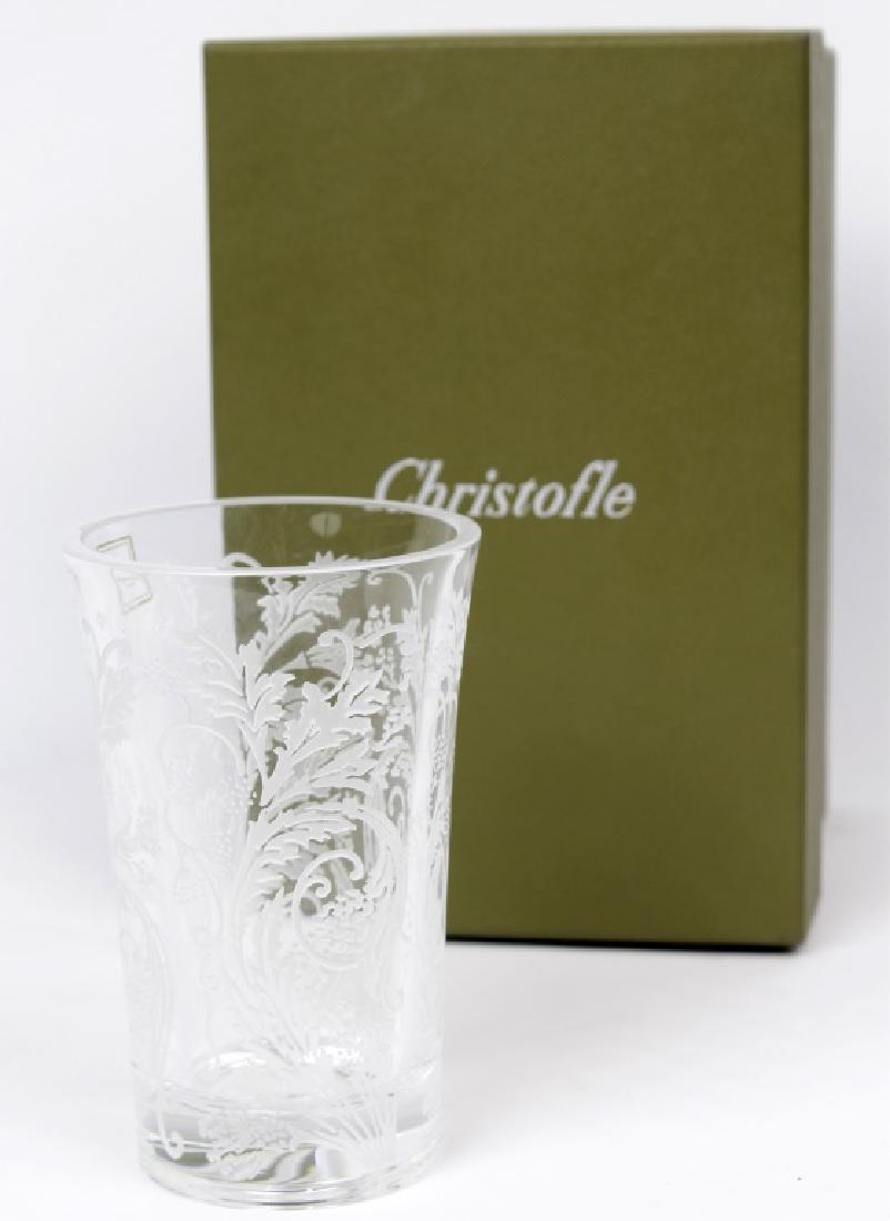 FRENCH CHRISTOFLE ETCHED MODERN CRYSTAL VASE: FRENCH CHRISTOFLE ETCHED MODERN CRYSTAL VASE Christofle Orangerie Vase of flaring cylindrical form and sides with scrolling berried and blossoming leafy foliage, above base side with acid etched signa