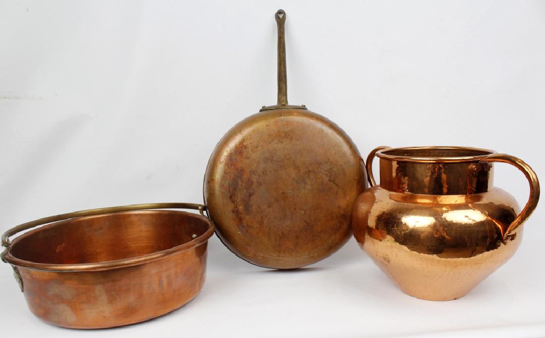 SPANISH COPPER COOKWARE - LOT OF 3: SPANISH COPPER COOKWARE - LOT OF 3 Lot of three pieces of Spanish copper cookware. (1) frying pan, (1) deep pot and (1) handled pot.