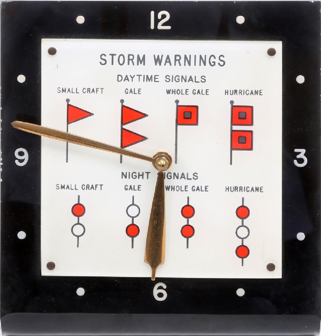 LANSHIRE WAMA STORM WARNING ELECTRIC CLOCK: LANSHIRE WAMA STORM WARNING ELECTRIC CLOCK Lanshire self starting desk clock by the Wama Clock Co., face featuring daytime/night storm warning signals. Size: 3.5 x 8 x 9"