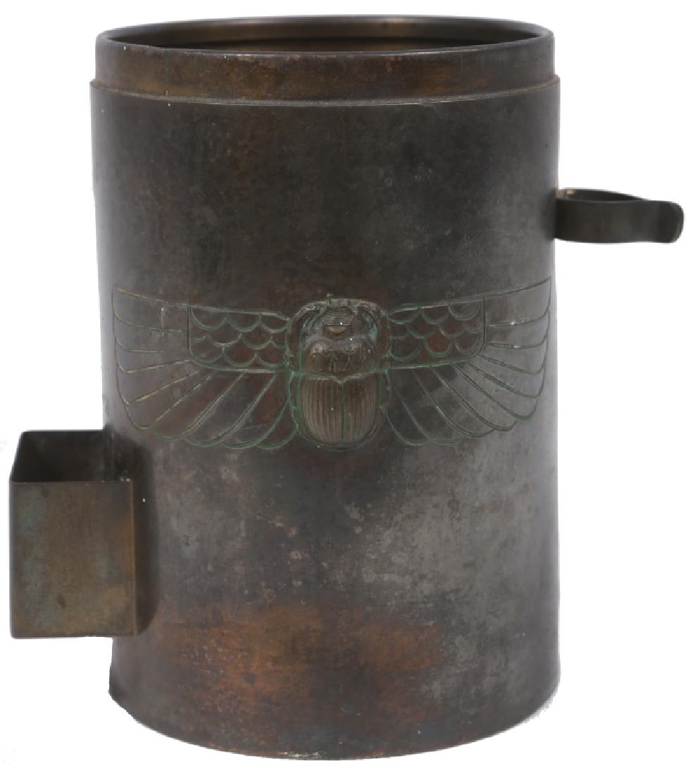 KARNAK BRASS BENEDICT SCARAB SHAVING CUP: KARNAK BRASS BENEDICT SCARAB SHAVING CUP Karnak brass shaving cup with embossed scarab beetle to side. Size: 5.5"