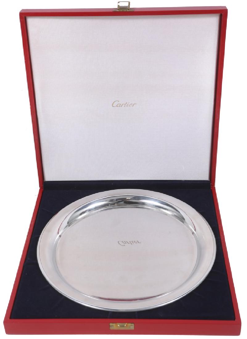 CARTIER PEWTER SERVING PLATE W/ ORIGINAL BOX: CARTIER PEWTER SERVING PLATE W/ ORIGINAL BOX Cartier pewter serving plate w/ original box and fabric sleeve. Size: 13 X 13"