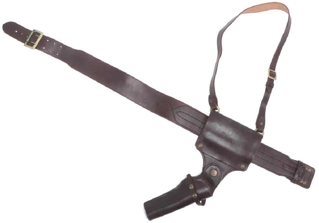 S.D. MYRES LEATHER BELT & HOLSTER .38 SPECIAL: S.D. MYRES LEATHER BELT & HOLSTER .38 SPECIAL 48" brown leather S. D. Myres of El Paso, Texas belt with holster and case, accompanied by 24 .38 special rounds. Size: 48"