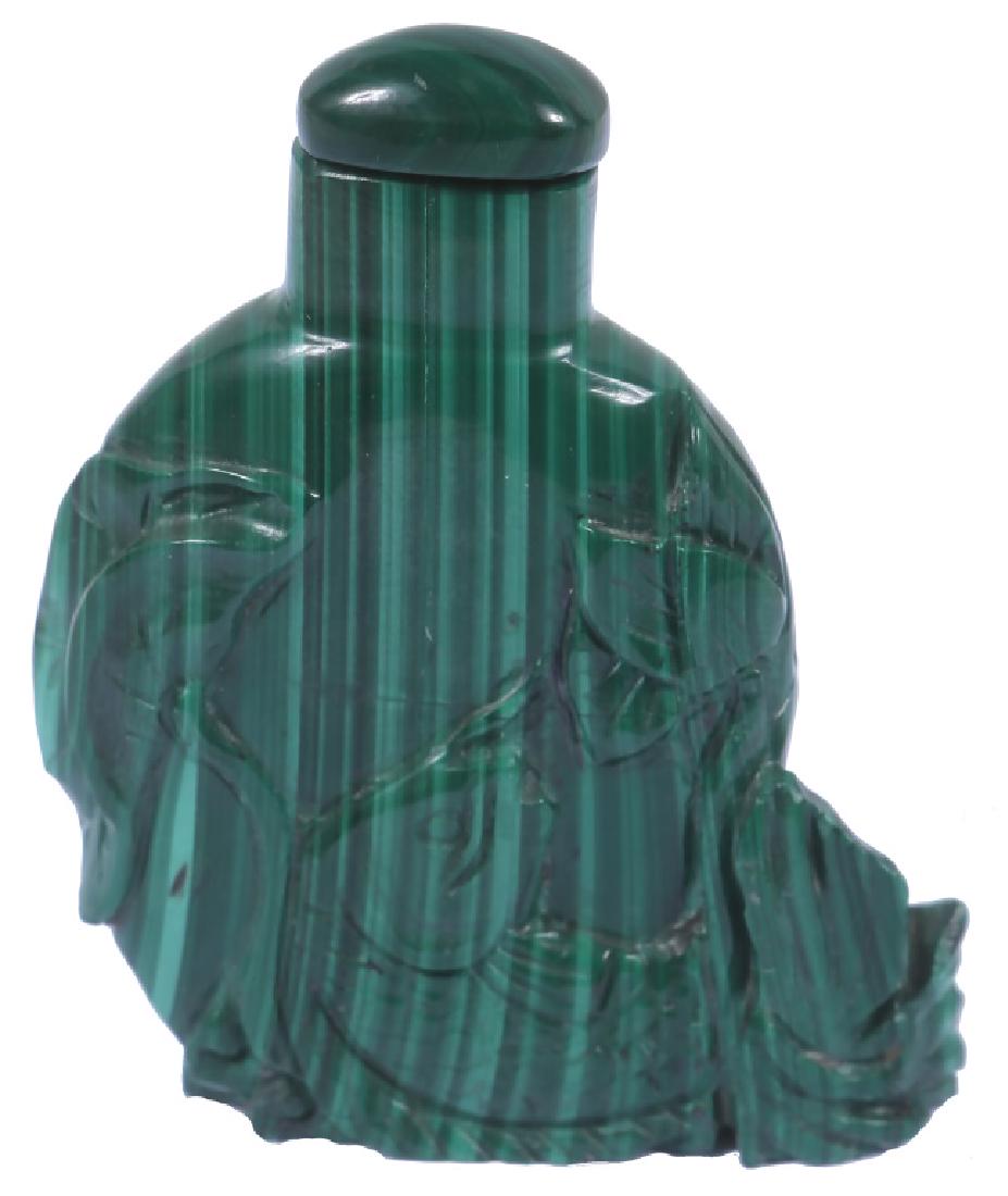 GREEN MALACHITE KOI FISH SNUFF BOTTLE: GREEN MALACHITE KOI FISH SNUFF BOTTLE Malachite carved snuff bottle with Koi fish design. Size: 2.25"