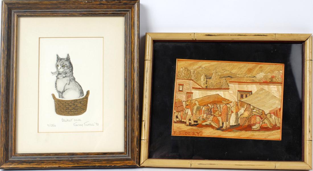 FRAMED ART - LOT OF 2: FRAMED ART - LOT OF 2 Lot of two framed artwork. (1) cat in a basket print 10.5" x 8.5" , (1) market scene with bamboo frame 8.5" x 10.5"