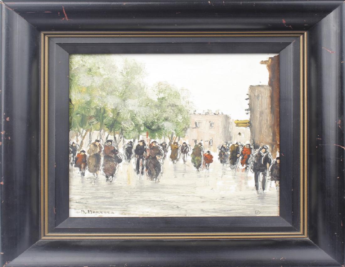 M MARESCA A STREET IN PARIS OIL ON TILE: M MARESCA A STREET IN PARIS OIL ON TILE Oil painting on porcelain tile by Mario Maresca (1877-1959) titled " A Street in Paris". A busy day in the streets of Paris with bright trees and intricate hous