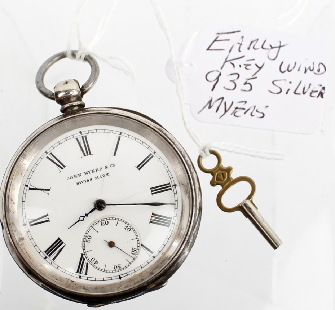 JOHN MEYERS POCKET WATCH SWISS 18S SPECIAL: JOHN MEYERS POCKET WATCH SWISS 18S SPECIAL John Meyers Pocket Watch Swiss made 18s special. Key wind Key set. Railroad watch pocket, 53mm. Fine Silver .935, serial number 2410219, Open Face manufactur
