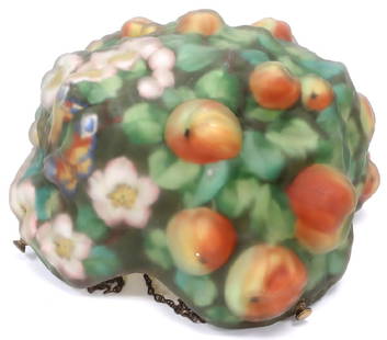 PAIRPOINT STYLE REVERSE PAINTED LAMP SHADE: PAIRPOINT STYLE REVERSE PAINTED LAMP SHADE Finely crafted glass hanging lamp shade with brass fixtures, reverse painted with peach tree blossoms, flowers, butterflies, and bees. Heavily dimensional te