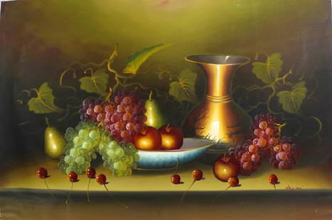 NORA HEYSEN OI PAINTING ON CANVAS STILL LIFE: NORA HEYSEN OI PAINTING ON CANVAS STILL LIFE Nora Heysen oil painting on canvas, Still Life with fruit and ceramics. Canvas measure 39" x 27", unframed Size: 39" x 27"