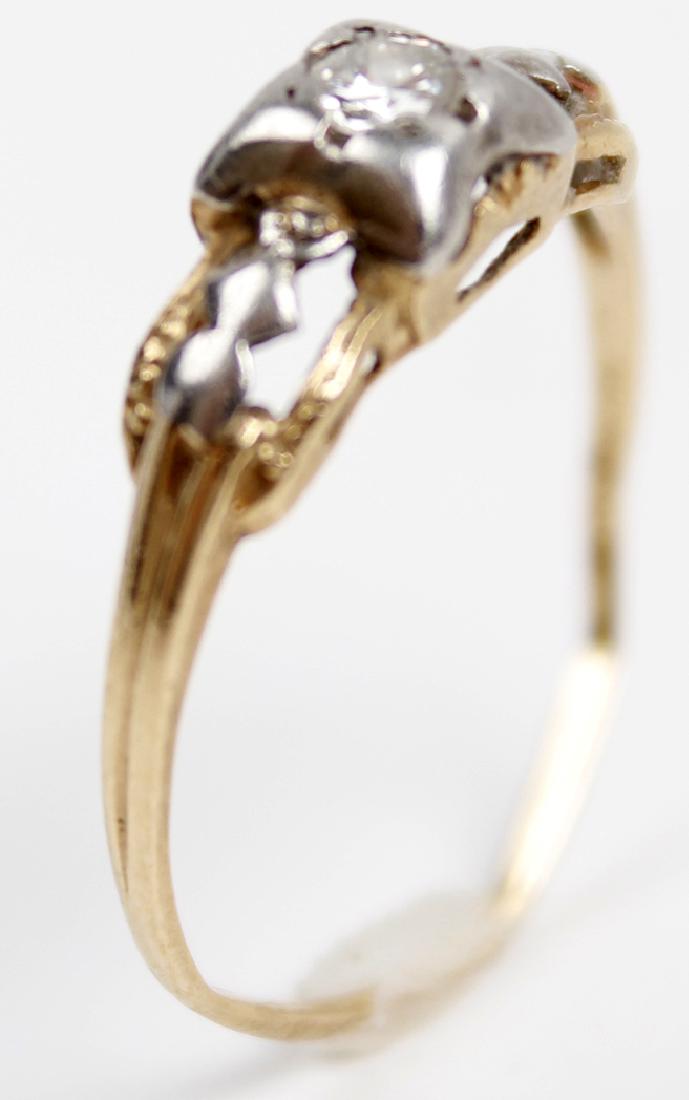 14K YELLOW GOLD ART DECO ENGAGEMENT RING: 14K YELLOW GOLD ART DECO ENGAGEMENT RING 14k yellow gold and diamond art deco engagement ring. Damage to the band - needs repair. Marked 14k Weight: 1.1 g Size: 7