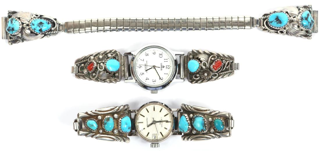 STERLING SILVER TURQUOISE LADIES WRISTWATCHES: STERLING SILVER TURQUOISE LADIES WRISTWATCHES Lot of 3 sterling silver wristwatch stretch band attachments, two with watch heads. One Croton and one Lorus. Weight: 70.9 Grams Size: Adjustable