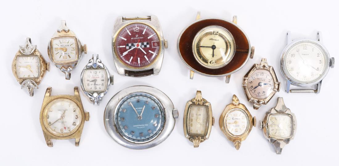 LADIES ANTIQUE WRISTWATCH HEADS - LOT OF 12: LADIES ANTIQUE WRISTWATCH HEADS - LOT OF 12 Mixed lot of ladies wrist watch cases and movements, makers include: Crosby, Timex, Namruf, Belair, Bulova, Sindaco, Elgin, Kaltron, Moriva, Caravelle, Elgi