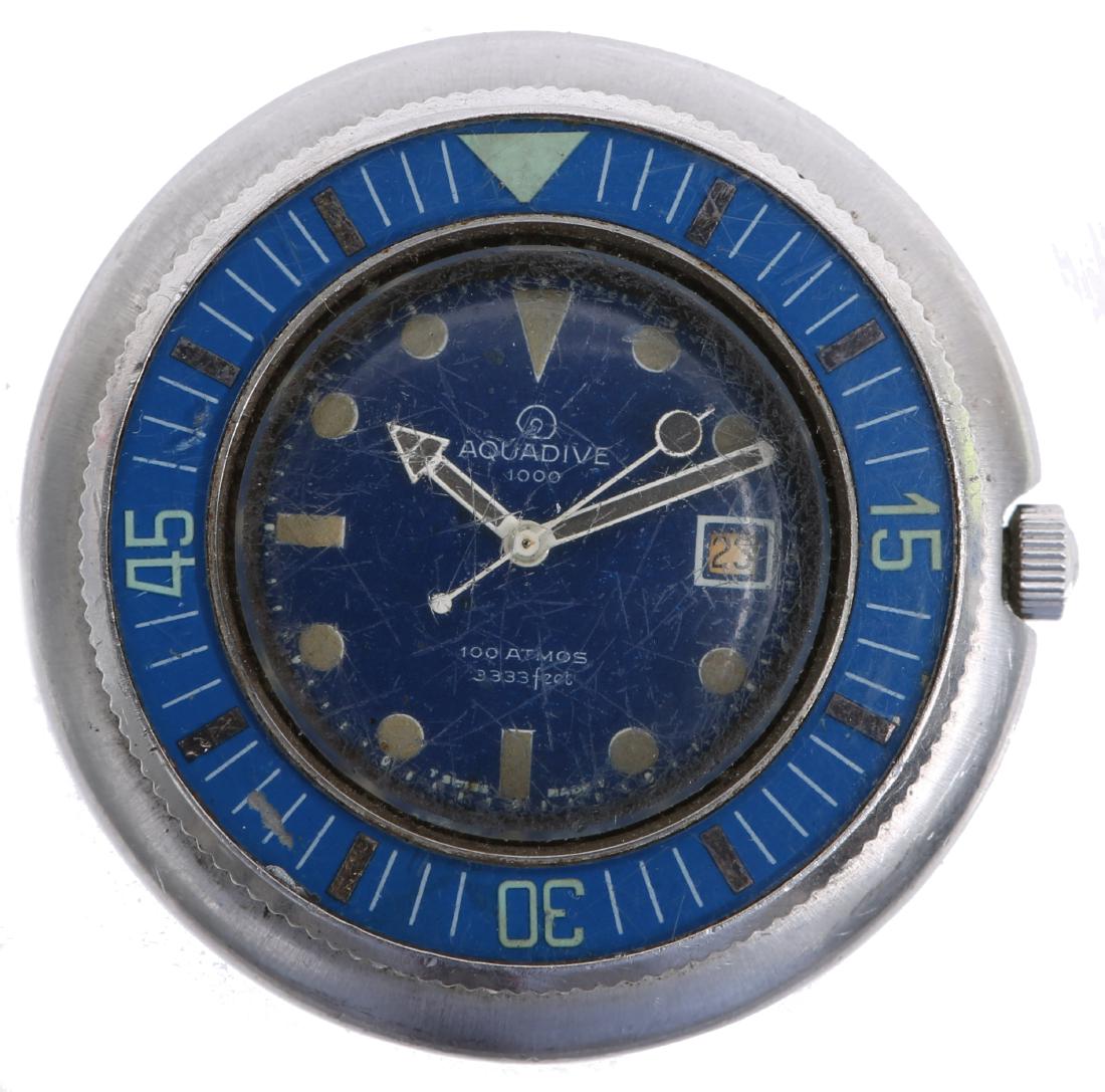 AQUADIVE 1000 BLUE DIVERS CARIBBEAN WRISTWATCH: AQUADIVE 1000 BLUE DIVERS CARIBBEAN WRISTWATCH Men's Aquadive 1000 large size divers wristwatch head, model 100 Atmos with 3333 feet water resistance. Blue bi-directional bezel, blue dial with date in