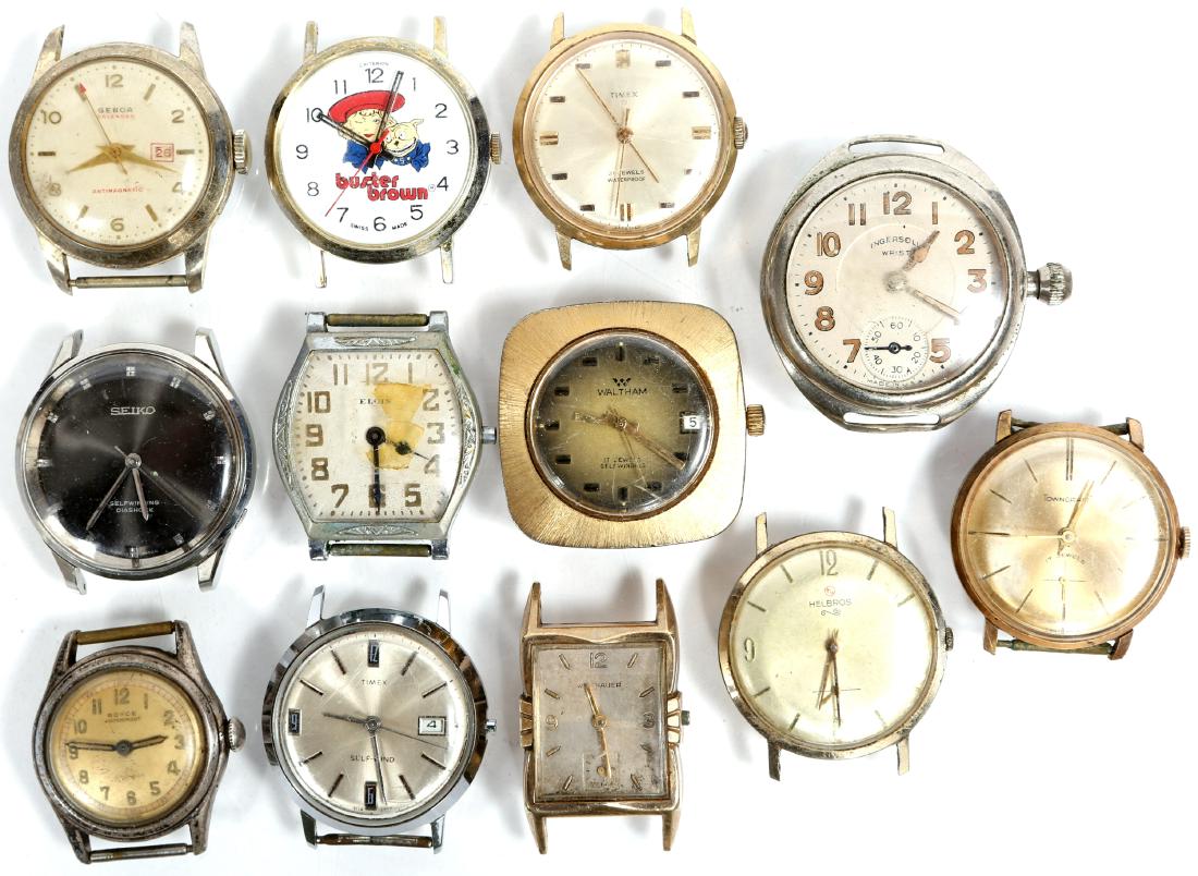12 MEN`S WRISTWATCH HEADS - SEIKO, ELGIN, WALTHAM: 12 MEN`S WRISTWATCH HEADS - SEIKO, ELGIN, WALTHAM Lot of men's vintage wristwatches, to include Genoa calendar (not running), Helbros (not running), Royce Waterproof (not running), Towncraft 17 jewel 