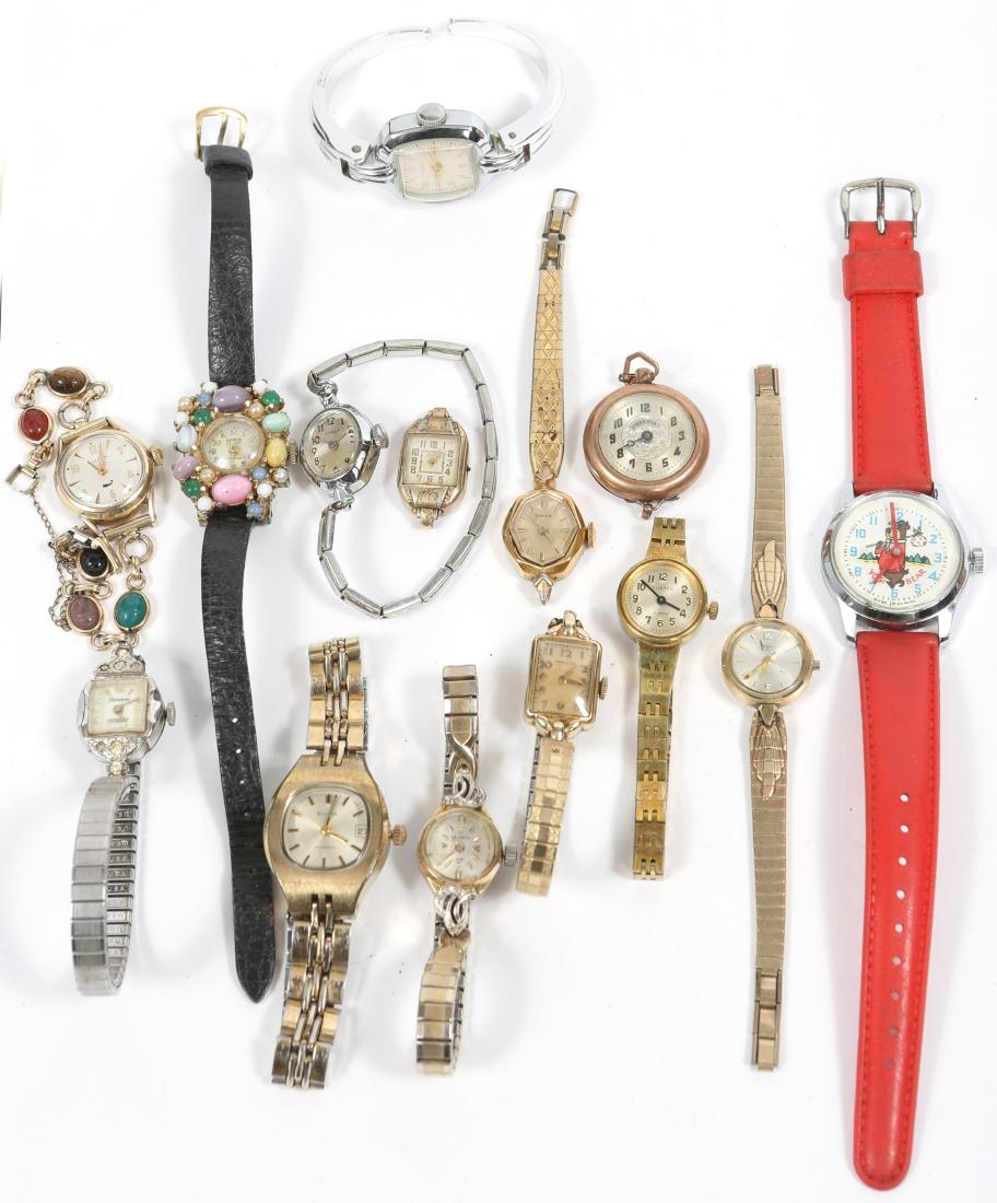 LADIES WRISTWATCHES - GENEVA, WYLER, BULOVA: LADIES WRISTWATCHES - GENEVA, WYLER, BULOVA Lot of ladies wrist watches, to include Bulova Sea king, Timex, Tays, Bulova automatic, Clinton, Hamilton, Imperial, Helbros, Lucerne, Geneva, Wyler, and HB