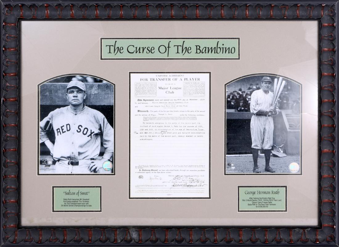 CURSE OF THE BAMBINO BABE RUTH FRAMED PRINT: CURSE OF THE BAMBINO BABE RUTH FRAMED PRINT Framed display of "The Curse of the Bambino" George Herman Ruth photograph and player transfer agreement print, set in wood frame. Size: 33 x 23.5" framed
