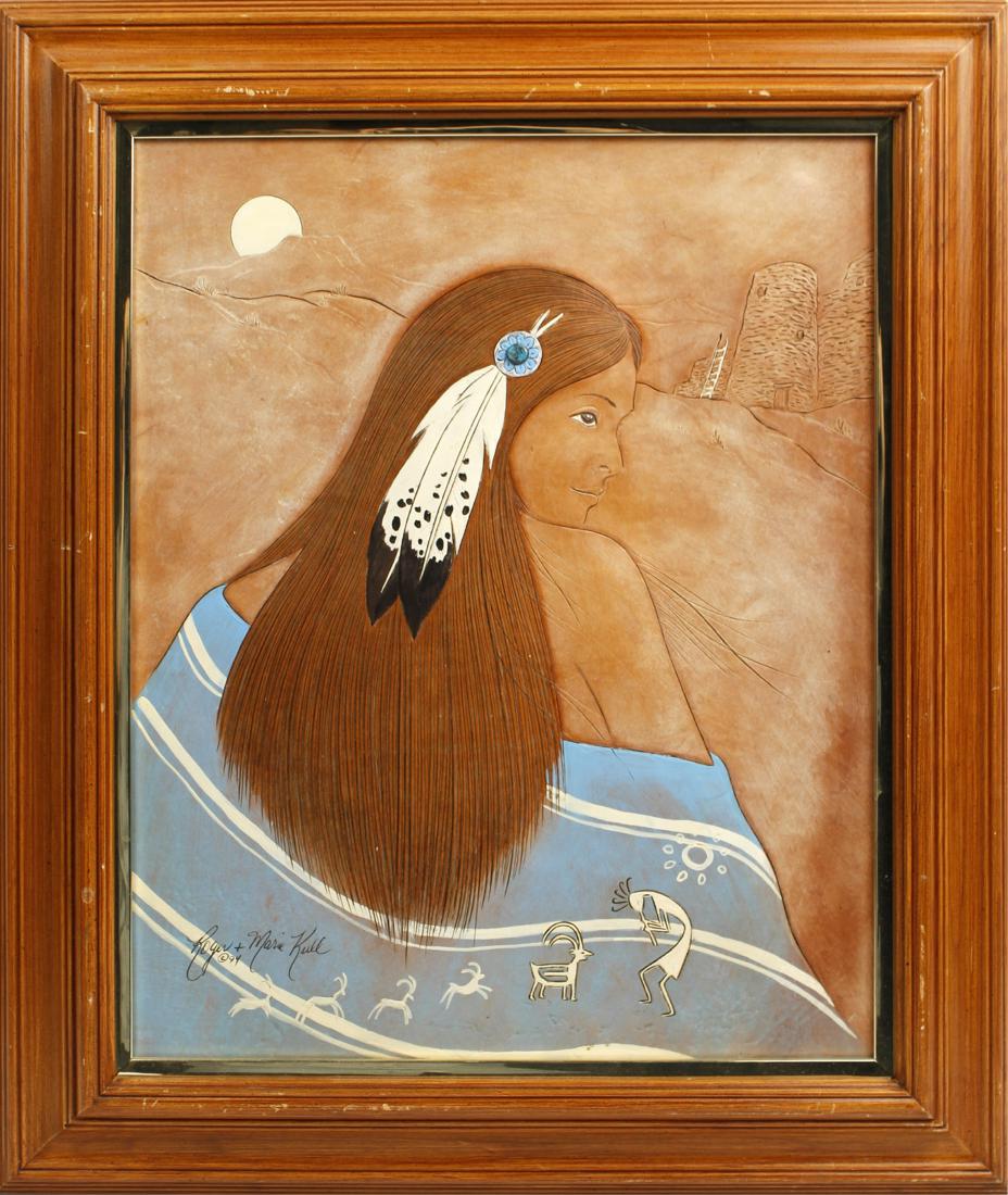 ROGER AND MARIE KULL LEATHER TURQUOISE ARTWORK: ROGER AND MARIE KULL LEATHER TURQUOISE ARTWORK Roger and Marie Kull leather artwork with turquoise embellishments. Navajo girl with light blue feathers and a moon peaking out from behind the rocks. Si