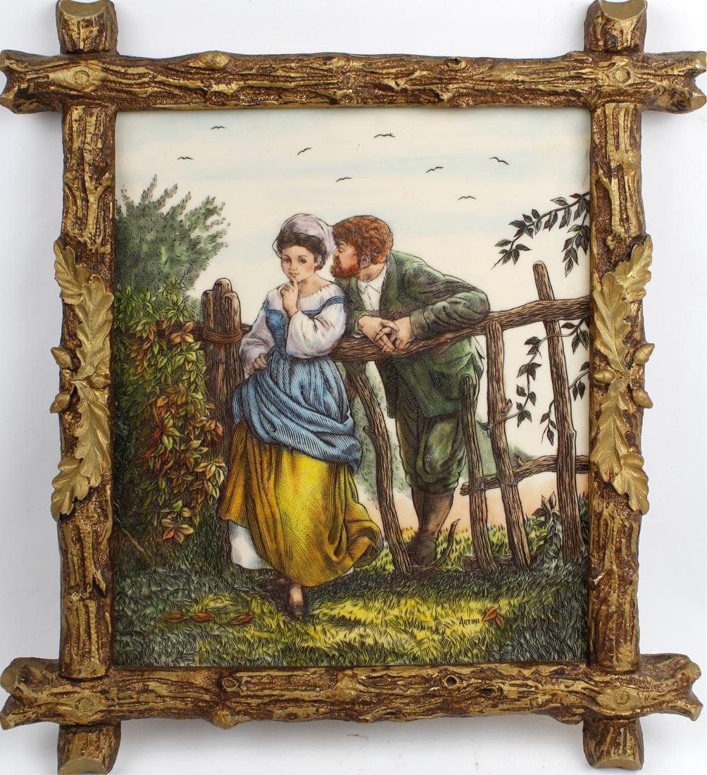 ARTINI ARTS SCULPTURED ENGRAVING HAND PAINTED: ARTINI ARTS SCULPTURED ENGRAVING HAND PAINTED ARTINI ARTS Sculptured Engraving, Hand Painted, Framed Picture of a couple in a romantic pose. Rustic wood branch frame measuring 19" x 23" Size: 19" x 23