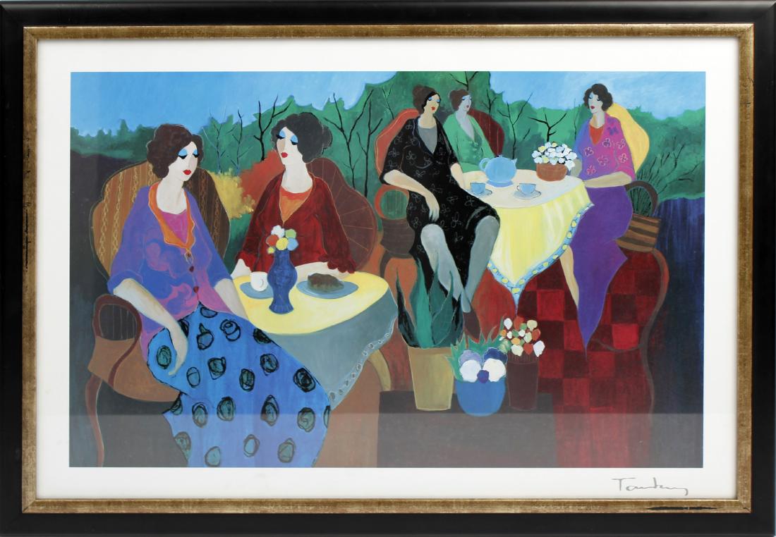 TARKAY FRAMED PRINT GARDEN PARTY: TARKAY FRAMED PRINT GARDEN PARTY Itzchak Tarkay framed print, titled "Garden Party". Brightly colored garden scene with five sophisticated ladies surrounding two tea tables. Black and gold frame. sign