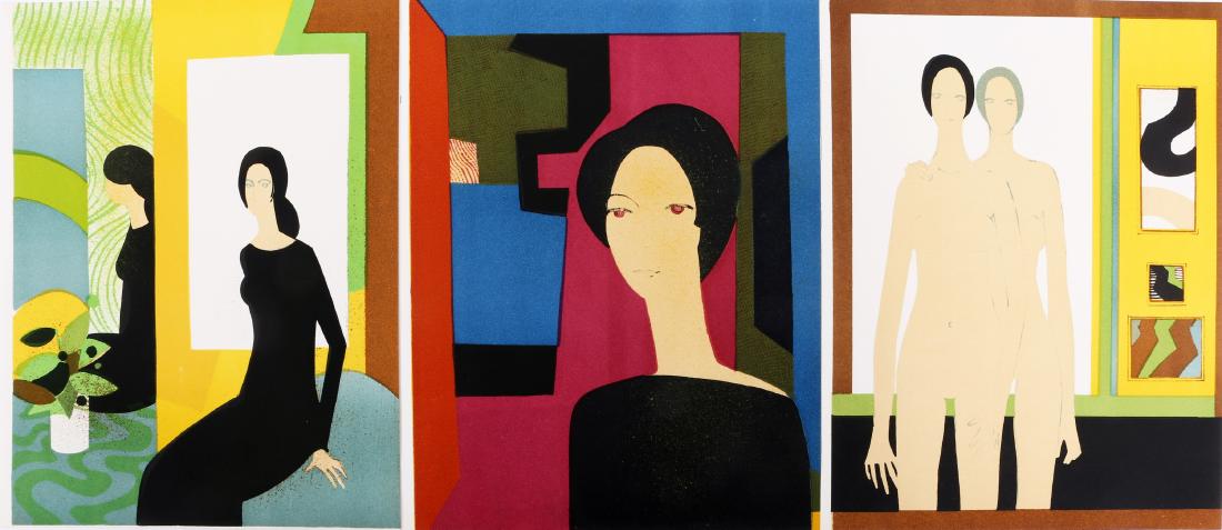 CUBIST MID CENTURY UNSIGNED WOODBLOCK PRINTS: CUBIST MID CENTURY UNSIGNED WOODBLOCK PRINTS Lot of three mid 20th century woodblock prints in cubist style, one depicting nude females, one woman beside plant, and one profile head shot, each unsigne