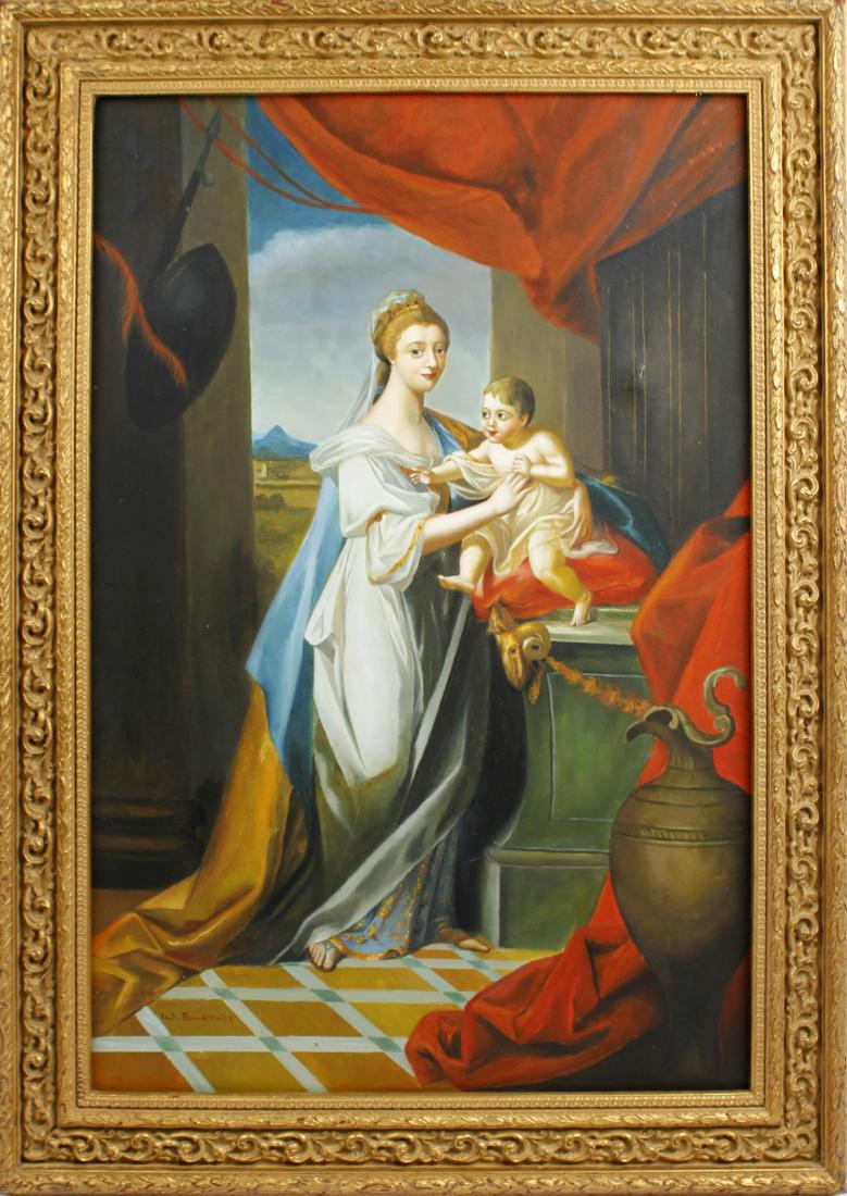 W. BURDETT ORIGINAL OIL ON CANVAS PORTRAIT: W. BURDETT ORIGINAL OIL ON CANVAS PORTRAIT W. Burdett original oil painting on canvas. Renaissance style portrait with a mother and child. Gold frame, signed lower right. canvas: 24" x 36" Size: 31" x