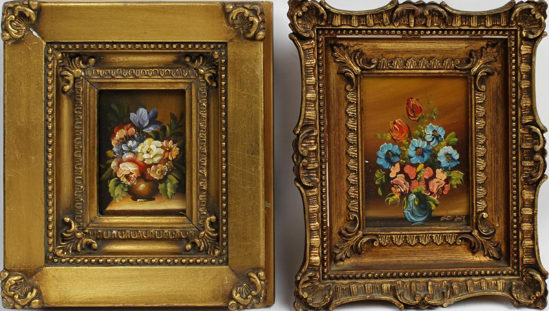 MINATURE OIL PAINTINGS FLORAL STILL LIFE -LOT OF 2: MINATURE OIL PAINTINGS FLORAL STILL LIFE -LOT OF 2 Lot of 2 miniature oil paintings. Floral still life with mini gold frames. 5" x 3.5" and 4" x 3" boards. Artist signature illegible. Size: 8" x 9" an