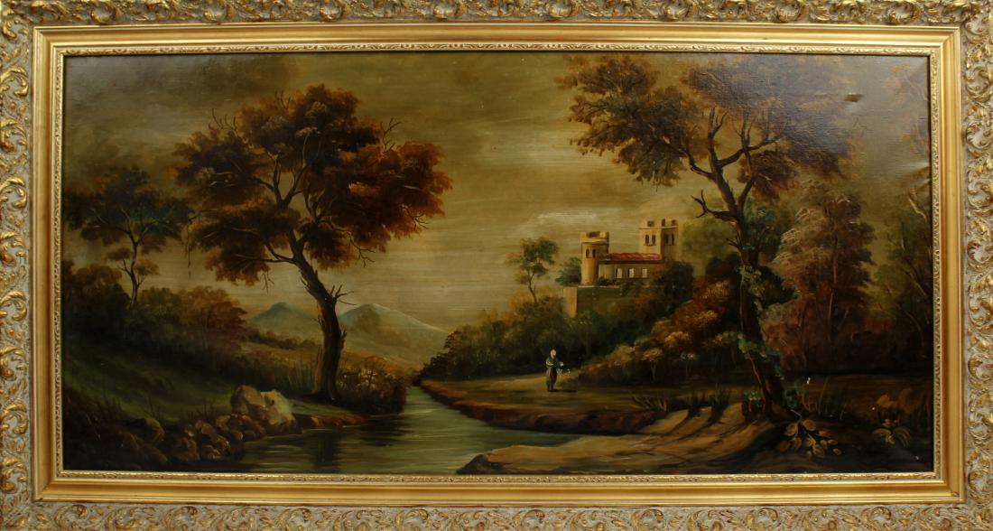 20TH CENTURY LANDSCAPE OIL ON CANVAS: 20TH CENTURY LANDSCAPE OIL ON CANVAS 20th century landscape oil painting on canvas. Autumn river scene with a man by the water and looming mountains in the distance. Signed lower right but illegible. 