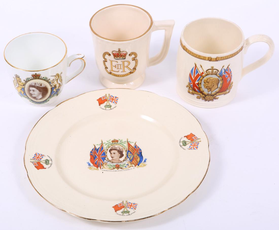 QUEEN ELIZABETH II & KING GEORGE V CORONATION LOT: QUEEN ELIZABETH II & KING GEORGE V CORONATION LOT Queen Elizabeth II and King George V coronation mugs - lot of 3 and Queen Elizabeth II coronation display plate. "The Queens Silver Jubilee" and King 