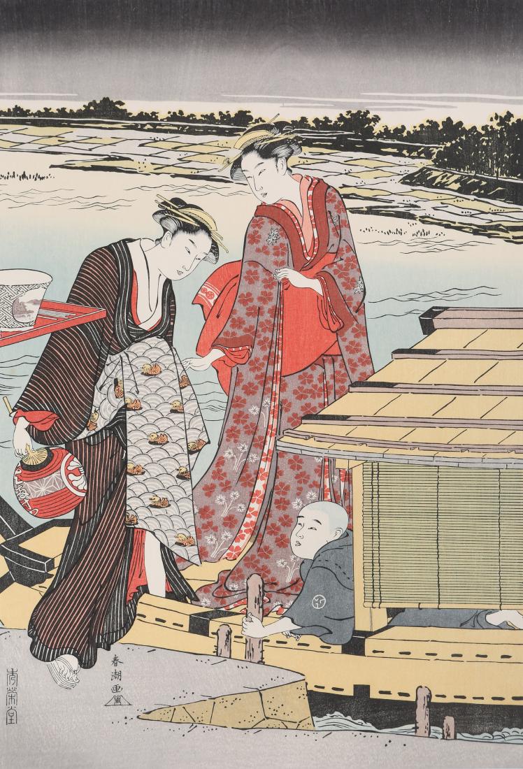 SIGNED JAPANESE WOODBLOCK PRINT OF 2 WOMEN & CHILD: SIGNED JAPANESE WOODBLOCK PRINT OF 2 WOMEN & CHILD Signed Japanese woodblock print of two women and a child boarding a boat. Size: 13 x 10"