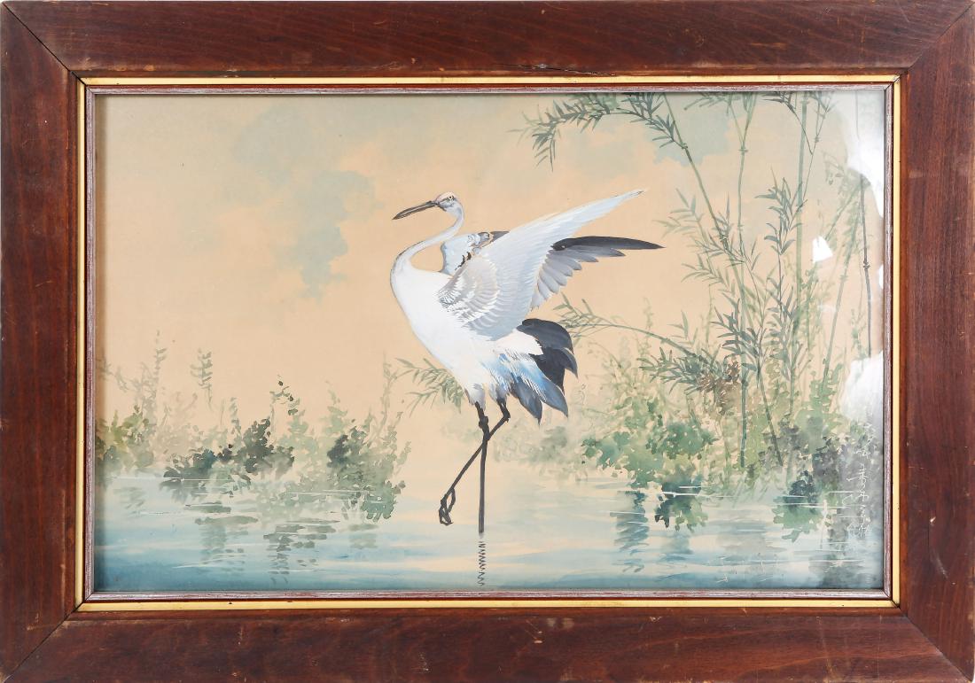 TOSHIO AOKI JAPANESE WATERCOLOR & GOUACHE PAINTING: TOSHIO AOKI JAPANESE WATERCOLOR & GOUACHE PAINTING A watercolor and gouache painting of a crane by Toshio Aoki (1853-1912). Aoki was born in Yokohama Japan and lived in San Francisco before moving to
