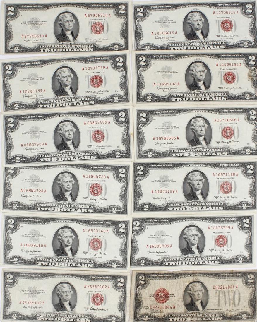RED SEAL TWO DOLLAR BILLS - $24 FACE VALUE: RED SEAL TWO DOLLAR BILLS - $24 FACE VALUE (6) series of 1963 A, (3) series of 1963, (1) series of 1953 A, (1) series of 1953 B, and (1) series of 1928 D. All uncirculated except 53 A and 28D.