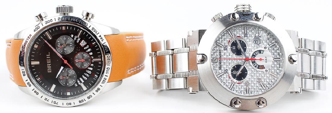 MEN`S STEINHAUSEN & BREIL WRISTWATCHES: MEN`S STEINHAUSEN & BREIL WRISTWATCHES Lot of two men's wrist watches, one steel Steinhausen chronograph and one steel Breil chronograph on orange leather band. Size: 42 and 45mm