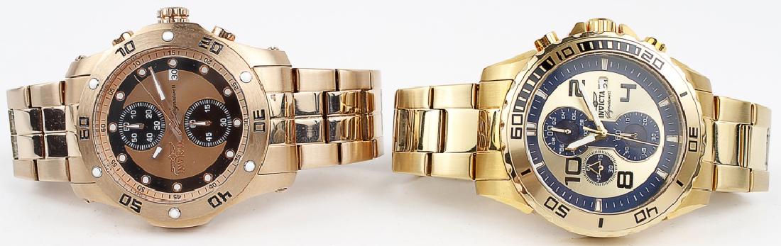 MEN`S INVICTA CHRONOGRAPH WRISTWATCHES - LOT OF 2: MEN`S INVICTA CHRONOGRAPH WRISTWATCHES - LOT OF 2 Lot of two Invicta men's wrist watches, one yellow gold tone (7392) and one rose gold tone (7386). Each accompanied by a box. Size: 45mm