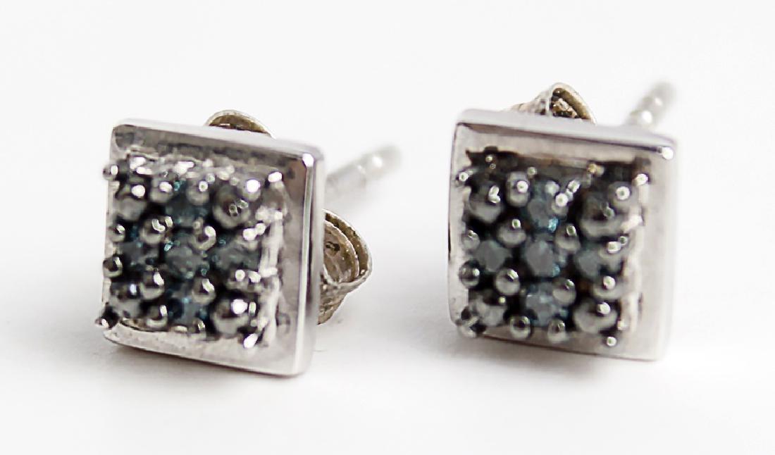 10K WHITE GOLD EARRINGS WITH BLUE DIAMONDS: 10K WHITE GOLD EARRINGS WITH BLUE DIAMONDS 10K white gold earrings with (5) .008CT prong setting blue diamonds in a square cluster. .04CTTW Weight: 1.5 g Size: 7mm x 7mm
