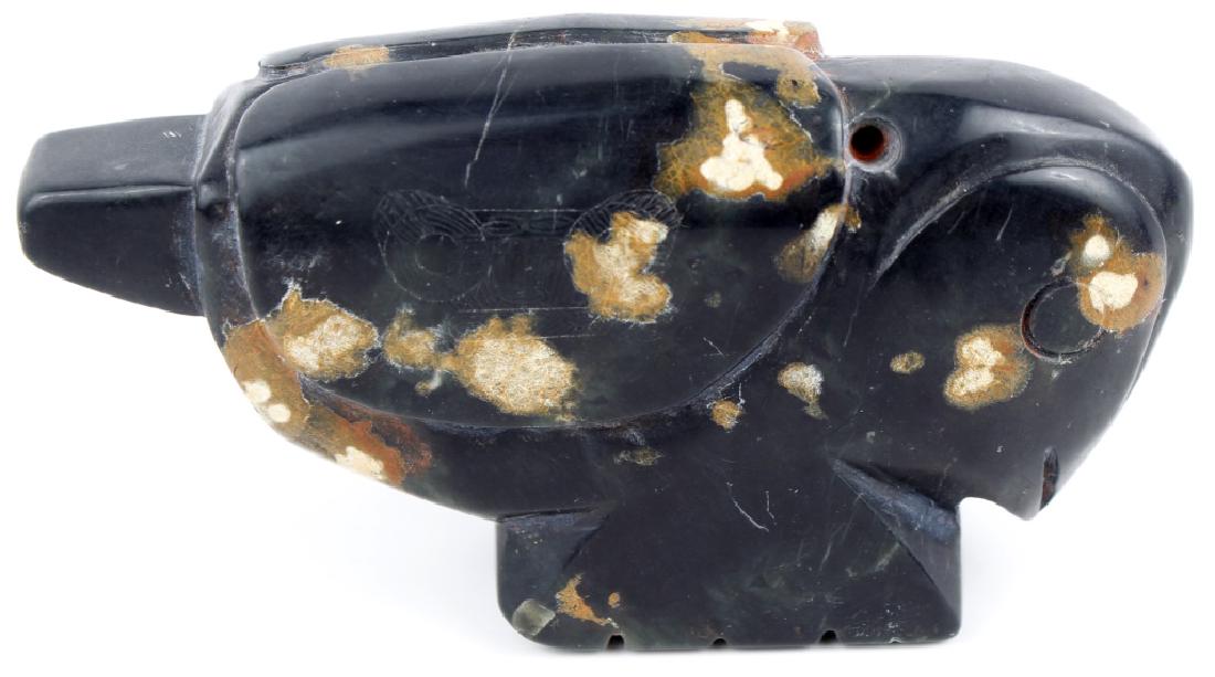 ASIAN NEPHRITE JADE HAND CARVED FIGURINE: ASIAN NEPHRITE JADE HAND CARVED FIGURINE Asian black and dark green Nephrite jade hand carved figurine. Size: 5" x 3"
