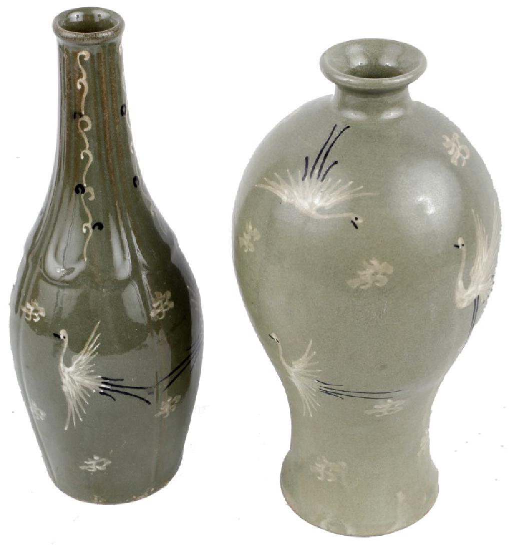 KOREAN CELEDON VASES LOT OF TWO: KOREAN CELEDON VASES LOT OF TWO Pair of Korean Celadon Vases. To include: (1) Blue gray glazed vase 10" x 5.5", (1) Blue gray glazed bottle vase 10".