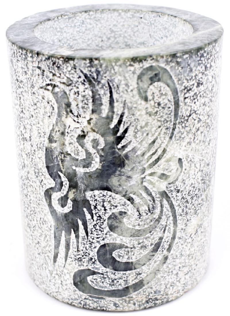 NATURAL GREEN JADE CALLIGRAPHY BRUSH POT: NATURAL GREEN JADE CALLIGRAPHY BRUSH POT Natural green hand carved jade calligraphy brush pot, with Chinese phoenix carvings along the side. Size: 4" H x 3.25" D